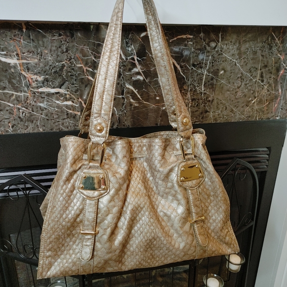 JESSICA SIMPSON LARGE FAUX SNAKESKIN TOTE SHOULDER BAG, METALLIC GOLD - Picture 1 of 15
